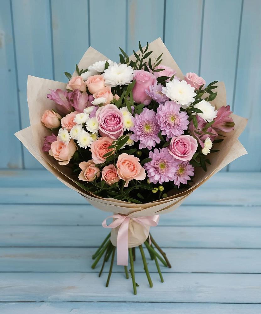 Букет цветов из: Хризантемы, Розы и Альстромерии в Дагестанских огнях