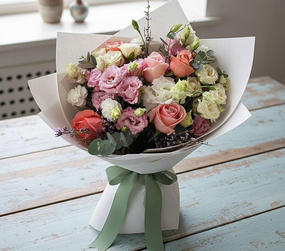 Букет цветов из: Розы, Лизиантусы и Гвоздики в Дагестанских огнях