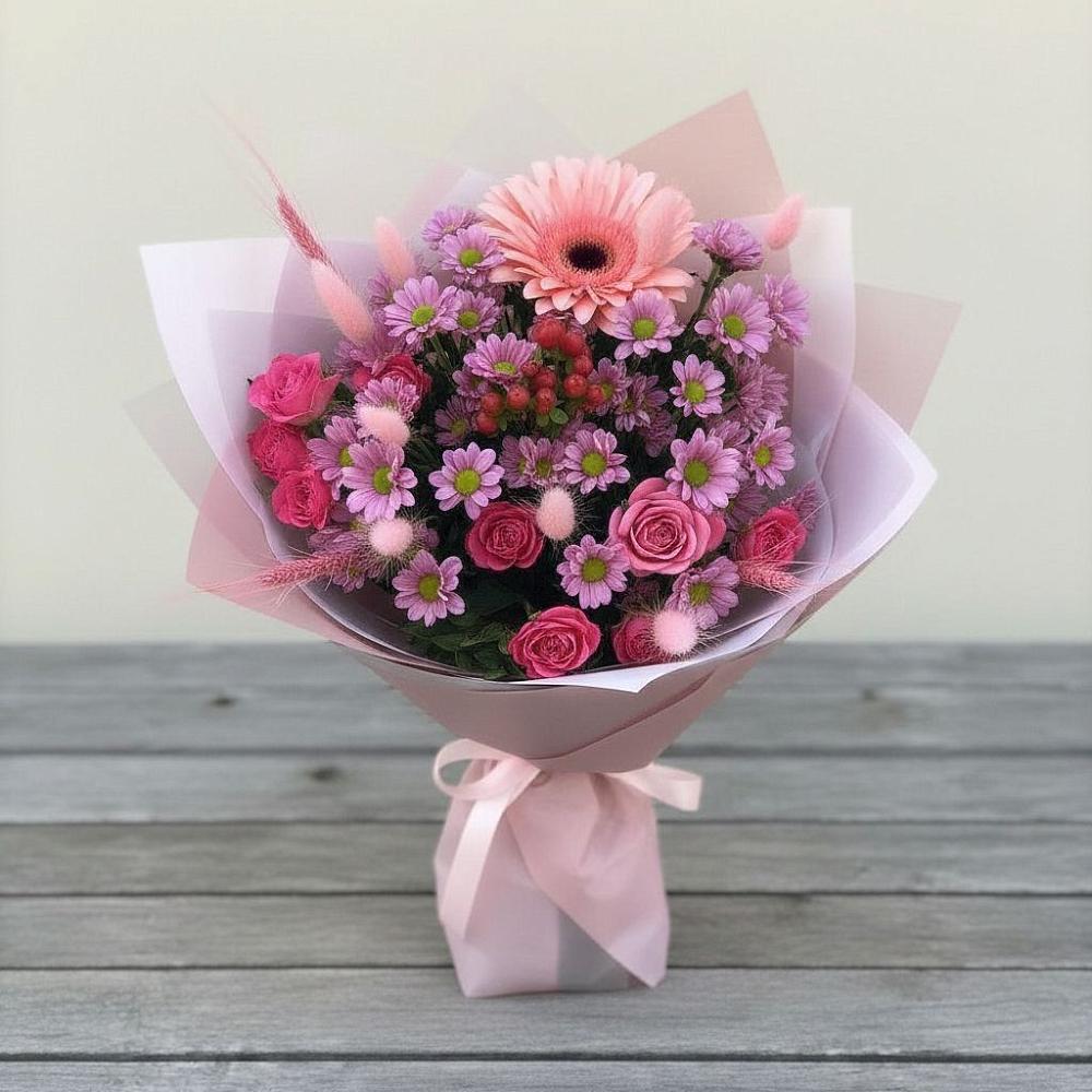 Букет цветов из: Розы, Герберы и Хризантемы в Дагестанских огнях