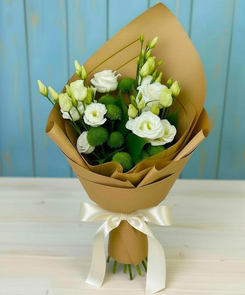 Букет цветов из: Хризантемы и Лизиантусы в Дагестанских огнях