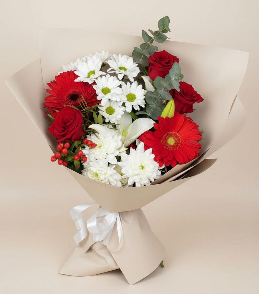 Букет цветов из: Розы, Хризантемы, Герберы и Лилии в Дагестанских огнях