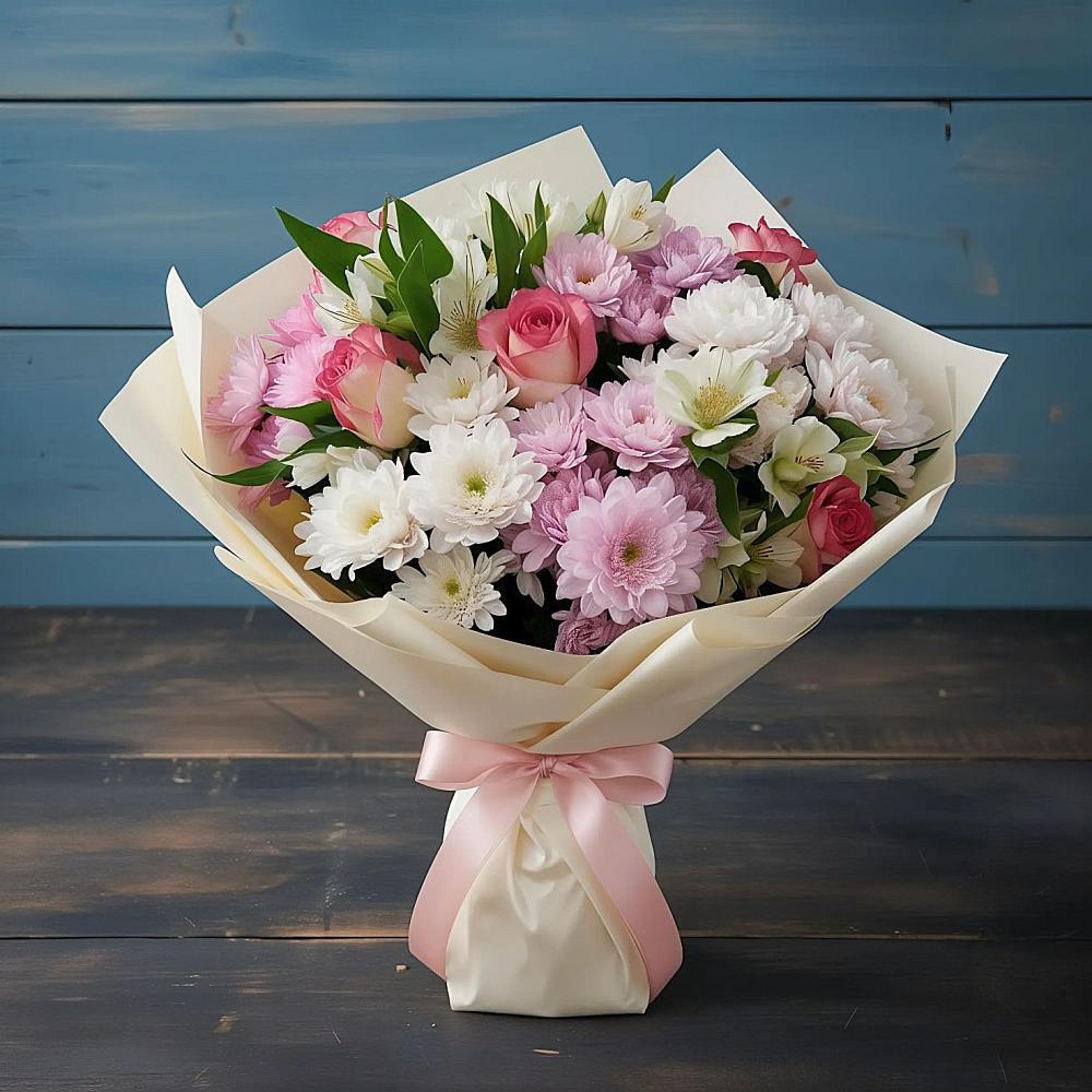 Букет цветов из: Хризантемы, Альстромерии и Розы в Дагестанских огнях